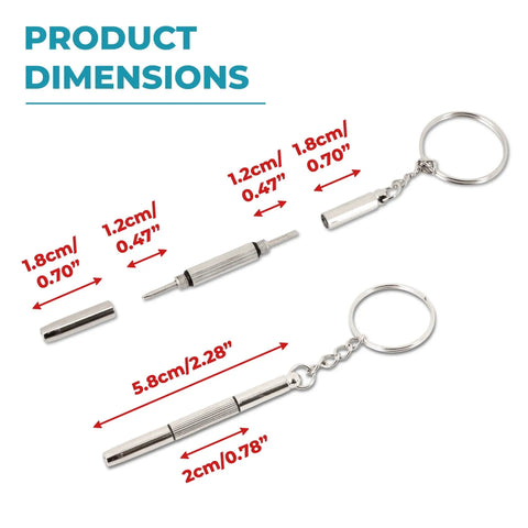 Dimensions of Compact 4 Piece Mini Eyeglass Screwdriver Set With 3 In 1 Flathead And Phillips Drivers, Eyeglass Tightener Keychain
