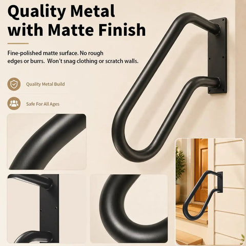 Rock Solid Heavy Duty Wall Mount Handrail For Outdoor Steps U Shaped Safety Railing Stair Handle Non Slip Metal Grip Built Tough As Nails For Garage Porch And Garden Rust Proof Black with matte finish