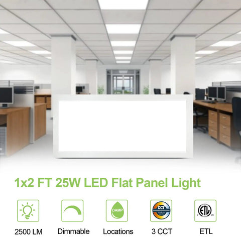 Two Pack 1x2 Ft LED Flat Panel Light With 3CCT Selectable in modern office setting