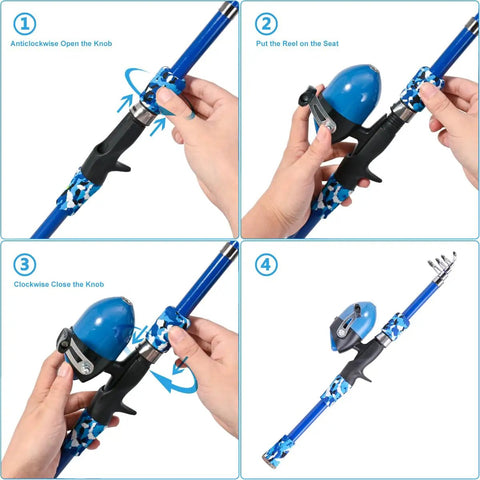 Assembly steps for Portable Kids Fishing Rod Set 2 Pack Telescopic Poles With Rod And Reel Combos All In One Kit Including Net Bucket Tackle Box Lures For Boys And Girls Beginner Friendly Youth Toddler Fishing Gear Blue And Orange.