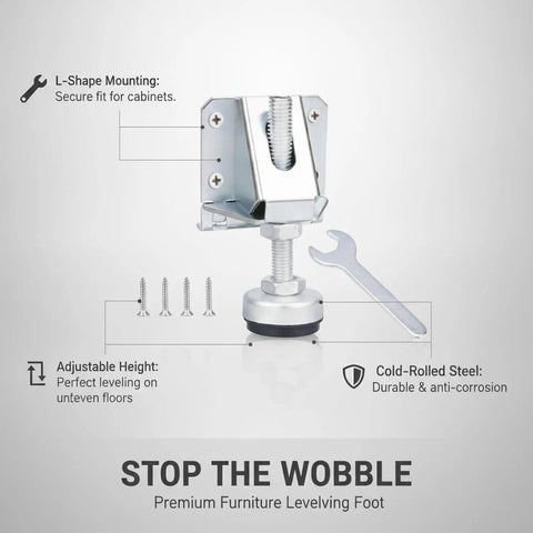 Adjustable Furniture Leg With Threaded Stem Leveling Foot for Wardrobes and Cabinets on Uneven Floors shown with mounting kit