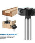 Pro Grade Spoilboard Surfacing Router Bit One Half Inch Shank One And One Half Inch Diameter Two And Two Carbide Inserts Slab Flattening Planing Bit Rabbeting Fly Cutter For Precision Router Work And Flat Surface Finish showing detailed view of carbide inserts and usage on wood board.