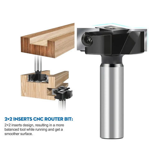 Pro Grade Spoilboard Surfacing Router Bit One Half Inch Shank One And One Half Inch Diameter Two And Two Carbide Inserts Slab Flattening Planing Bit Rabbeting Fly Cutter For Precision Router Work And Flat Surface Finish showing detailed view of carbide inserts and usage on wood board.