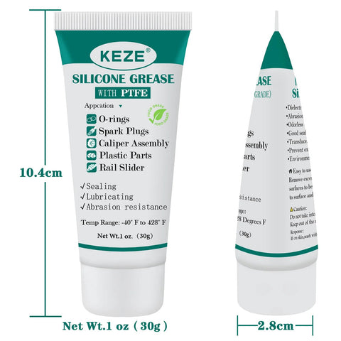 KEZE silicone grease with PTFE; 1 oz tube, teal label, front and side views