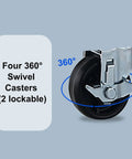 Heavy Duty Commercial Upright Freezer Forty Seven Cubic Feet showing four 360° swivel casters, two of which are lockable.