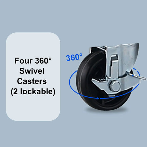 Heavy Duty Commercial Upright Freezer Forty Seven Cubic Feet showing four 360° swivel casters, two of which are lockable.