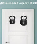 Heavy Duty Adjustable Over Door Hooks support 10lb and 50lb kettlebells mounted on a door for efficient storage.