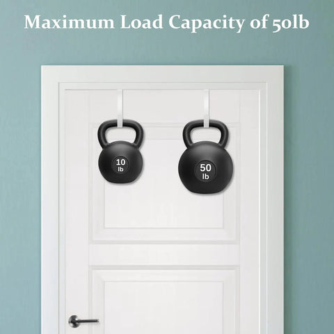 Heavy Duty Adjustable Over Door Hooks support 10lb and 50lb kettlebells mounted on a door for efficient storage.