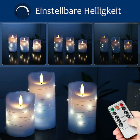Cozy Flameless Candle Set With Embedded String Lights 5 Piece Real Wax LED Candles Remote Control displayed and in use.