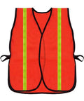 High Visibility Reflective Safety Vests 10 Pack, Adjustable Lightweight Neon Orange for Construction, Cycling, Running, Hunting, Unisex Adults, ANSI ISEA Compliant, 360 Degree Reflective Strips for Day and Night Safety shown flat with front view showing reflective strips.