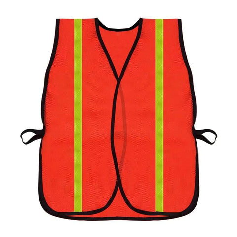 High Visibility Reflective Safety Vests 10 Pack, Adjustable Lightweight Neon Orange for Construction, Cycling, Running, Hunting, Unisex Adults, ANSI ISEA Compliant, 360 Degree Reflective Strips for Day and Night Safety shown flat with front view showing reflective strips.