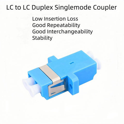 LC To LC Duplex Singlemode Fiber Optic Coupler Adapter With Blue Zirconia Ceramic Ferrules, showcasing low insertion loss and high stability.