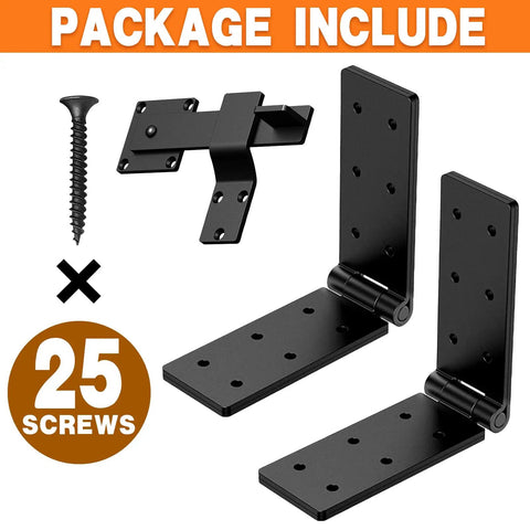 Heavy Duty Gate Hinge and Latch Set 2 Pack, 270 Degree Full Swing for Wood Fence, Rust Resistant and Weatherproof Black Hardware, Keeps Gates From Sagging and Binding, Easy Install, Tough as Nails Built to Last for Fencing, 25 screws included