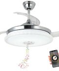 Retractable 42 Inch Ceiling Fan With Light And Bluetooth Speaker showing remote control and light color options