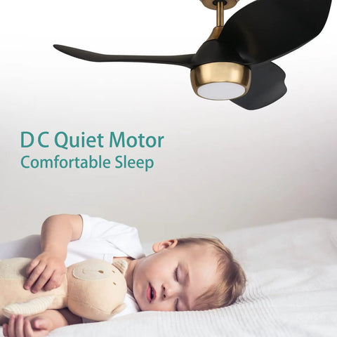 36 Inch Quiet DC Motor Ceiling Fan With 6 Speeds, Dimmable LED Light, 3 Blades, Black Gold Finish over sleeping child