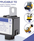 Stop solenoid relay 12V; black plastic housing with metal mounting tab and printed label.