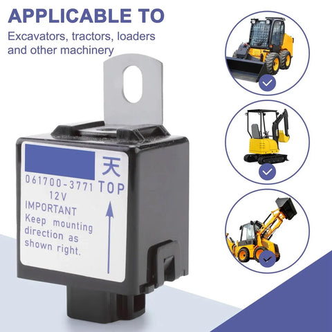 Stop solenoid relay 12V; black plastic housing with metal mounting tab and printed label.