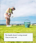 Woman playing golf with a Golf Ball Basket With Handle Green Ball Bucket Holds Up To 25 Balls For Practice And Training on grass
