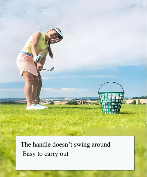 Woman playing golf with a Golf Ball Basket With Handle Green Ball Bucket Holds Up To 25 Balls For Practice And Training on grass
