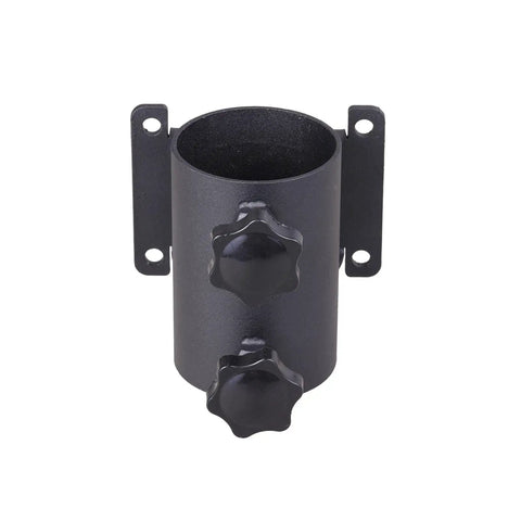 Heavy Duty Metal Patio Umbrella Holder Stand With Clip Mount Bracket, front view showing hand screws and mounting holes.