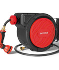 Retractable Garden Hose Reel One Half Inch By 50 Ft Wall Mounted Outdoor Hose Organizer with red cover and black nozzle
