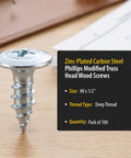 Premium Zinc Plated Wood Screws Featuring Truss Head And Phillips Drive For Smooth Power Drill Installation Badass Eight By Half Inch Fasteners For Indoor Carpentry Rock Solid Steel 100 Pack on a wooden surface.