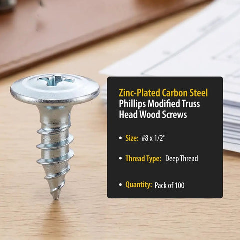 Premium Zinc Plated Wood Screws Featuring Truss Head And Phillips Drive For Smooth Power Drill Installation Badass Eight By Half Inch Fasteners For Indoor Carpentry Rock Solid Steel 100 Pack on a wooden surface.
