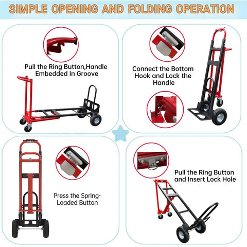 Simple opening and folding operation for Heavy Duty Convertible Hand Truck Dolly Cart With Four Smooth Rolling Wheels And 1000 Pound Capacity.