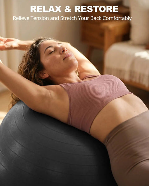 Badass Anti Slip Yoga Ball With Included Quick Pump Super Durable Frosted Grip Shell designed for stretching and back support.
