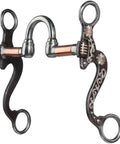 Decorative horse bit with floral engraving on metal, featuring copper accents