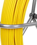 Close-up of yellow cable reel on steel stand for Fiberglass Fish Tape 6Mm 425ft Duct Rodder Cable Puller For Electrical Wiring Fishtape Reel