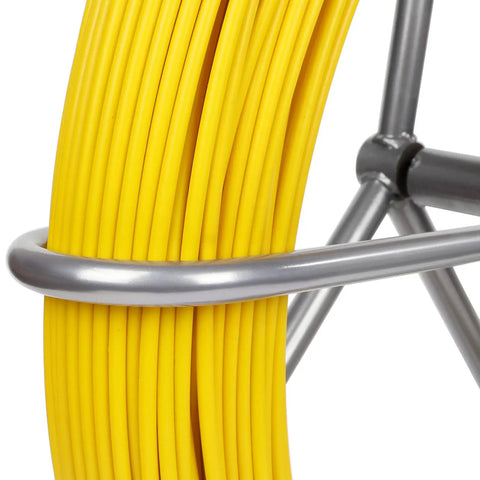 Close-up of yellow cable reel on steel stand for Fiberglass Fish Tape 6Mm 425ft Duct Rodder Cable Puller For Electrical Wiring Fishtape Reel
