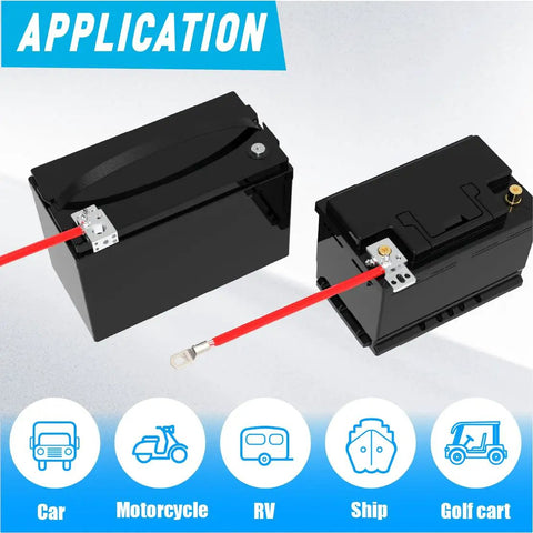 Heavy Duty 13 Way Battery Power Distribution Block With M8 M6 M4 Threaded Studs For Rv Marine Automotive Solar Lithium Batteries shown with batteries.