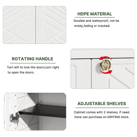 Waterproof Outdoor Storage Cabinet With Two Shelves 60 Gallon Resin Shed features material, handle, and shelving details.
