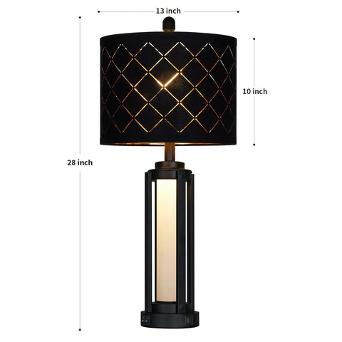 Dope 28 Inch Tall Modern Table Lamps Set Of 2 For Living Room And Bedroom Black Industrial Metal Frame With Warm Glow Night Light Easy Lampshade Assembly USB A And Type C Charging Ports, black lamp with 13-inch shade and 10-inch base