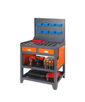 Bolted Down Heavy Duty Steel Workbench Built For Weekend Warrior Garages Or Pro Trade Shops Featuring Wall Pegboard Tool Organization Plus Deep Lockable Drawers For All The Right Gear with tools and drawers.