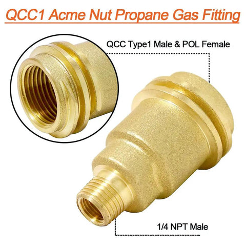 Solid Brass Propane Gas Fitting Kit With One Quarter Inch NPT Male Pipe Thread visible with QCC1 Type 1 and POL female connections.