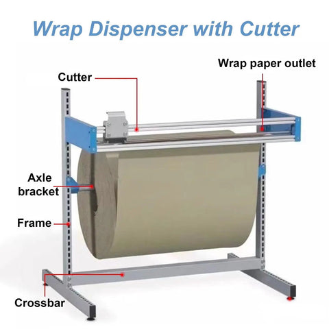 Hella Sturdy Wrap Dispenser With Cutter Rolling Wrapping Paper Holder For Bubble Wrap And Tape, shows cutter, frame, and wrap paper outlet.