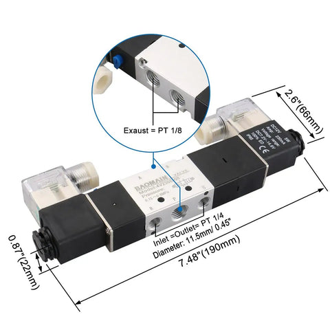 5 Way 3 Position Pneumatic Solenoid Valve With Exhaust Center Function, Double Coil Air Control Valve, DC 12V, IP65 Rated