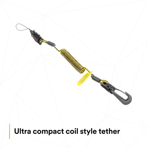 Ultra Compact Clip To Loop Coil Tether For Small Objects With Swivel Snap D Ring Attachment And Side Release Loop