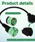 9 Pin J1939 Male To 16 Pin OBD2 OBDII Female Right Angle Adapter Cable with green connectors for heavy duty trucks
