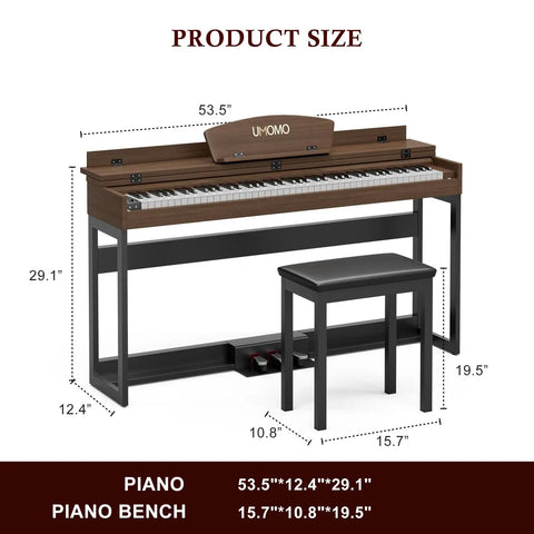 88 Key Digital Piano Keyboard With Metal Stand Full Size Electric Piano For Beginners And Adults Jam At Home With Headphone Jack 3 Pedals Soft Sustain Sostenuto LCD Display 80 Demo Songs Walnut Finish shown with dimensions and bench