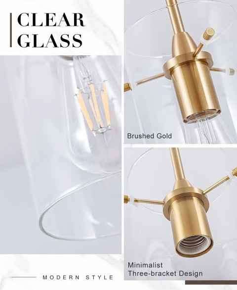 FONTA VERDE Pendant Light, Brushed Gold finish with clear glass, showing adjustable height and minimalist design.