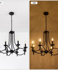 Industrial Candle Chandelier In Black Iron With Eight Lights, Dope Modern Farmhouse Hanging Pendant Light shown on and off.