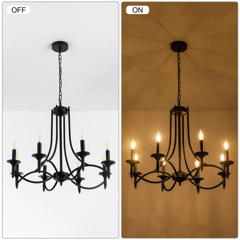 Industrial Candle Chandelier In Black Iron With Eight Lights, Dope Modern Farmhouse Hanging Pendant Light shown on and off.
