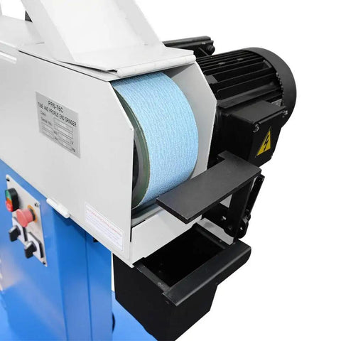 Pro Grade Heavy Duty Industrial Tube And Profile End Belt Grinder 4 X 78 Inch with blue sanding belt and motor.