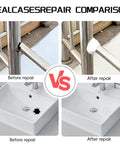 Comparison of before and after repair using Heavy Duty Epoxy Putty 200g Two Component AB Kit on metal rail and ceramic sink.