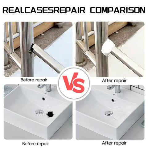 Comparison of before and after repair using Heavy Duty Epoxy Putty 200g Two Component AB Kit on metal rail and ceramic sink.