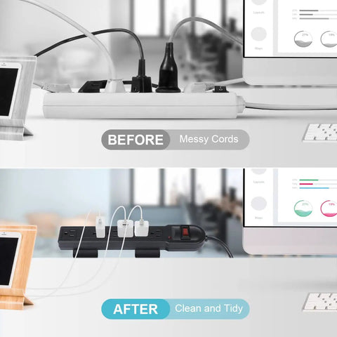 Comparison of desk cables before and after using One Hand Access Desk Edge Power Strip Clamp Mount Space Saving Cable Organizer Holder
