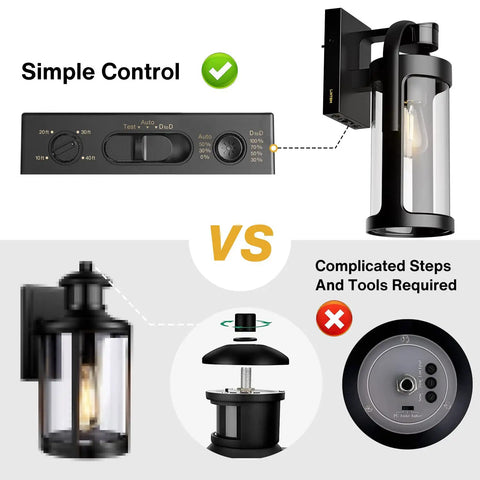 Motion Sensor Outdoor Wall Light With Three Lighting Modes For Porch And Exterior Use Black Dusk To Dawn Wall Mount Lantern Style Lighting For House Garage And Entryway Bulb Not Included showing simple control panel compared to complicated steps and tools